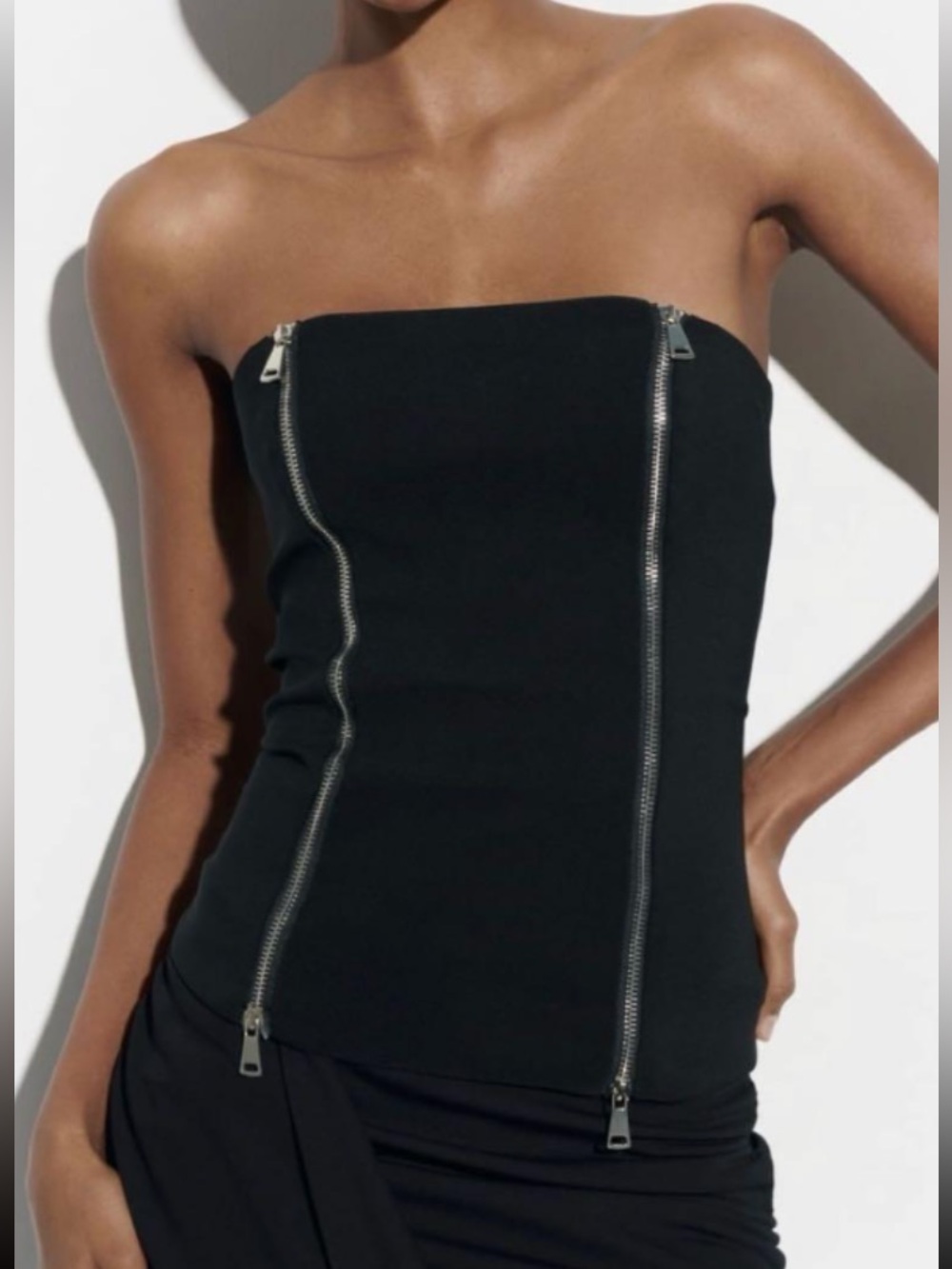 Zara Black Strapless Bustier Top Corset Style w/ Zipper Detail XS